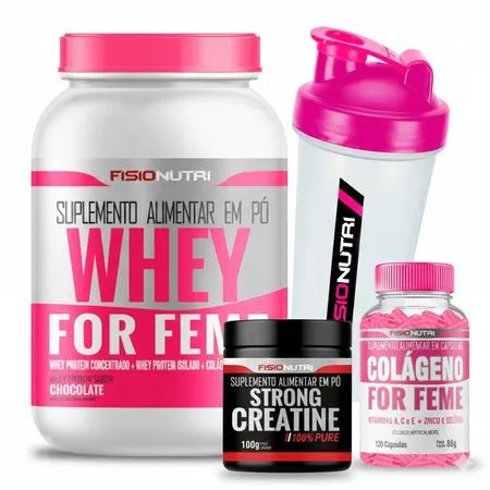 Kit Whey Gourmet Feminino + Colágeno 120 Cápsulas + Creatina 100% Pura 100g + Coqueteleira Fisionutri