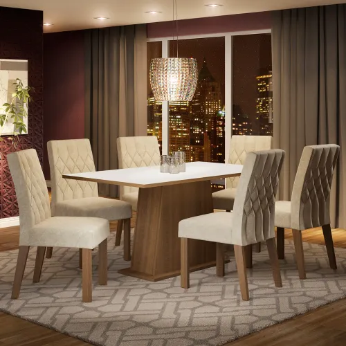 Conjunto Sala de Jantar Madesa Daniela Mesa Tampo de Madeira com 6 Cadeiras Rustic/Branco/Imperial