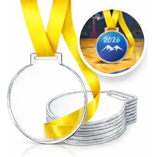 Medalha Acrílico Cristal Kit 100 Un 7cm 2mm C/ Fita Amarela