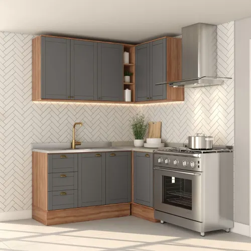 Armário de Cozinha Completa c Balcão Milla Whisper Carraro Nogal Cinza Titânio