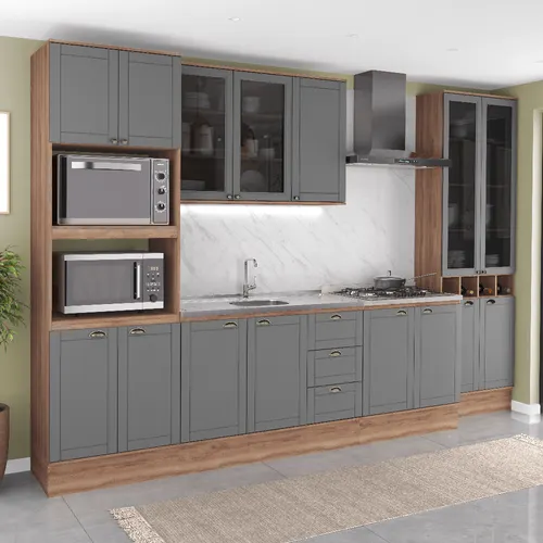 Armário de Cozinha Completa com Balcão Milla Calm Carraro Nogal com Cinza Titânio