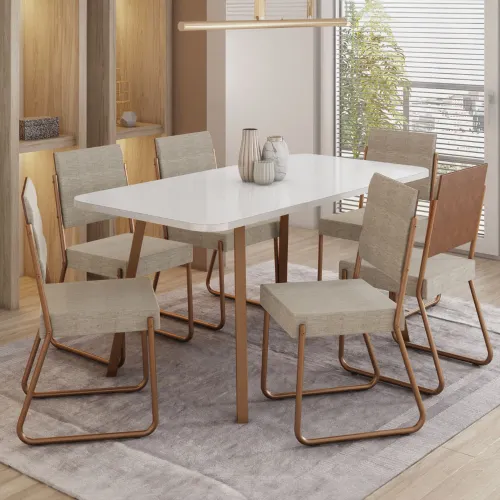Conjunto Sala de Jantar 6 Cadeiras Barcelona Carraro Gelo Areia Rosê