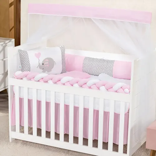 Kit Berço Menina Menino Protetor Trança com Saia 6 Peças Cor Elefantinho Rosa