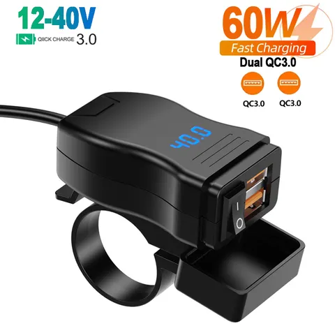 Carregador de Moto à Prova d'Água com Adaptador 12V-40V, Carregador de Celular com Portas USB Duplas, Carregamento Rápido com Interruptor e Voltímetro