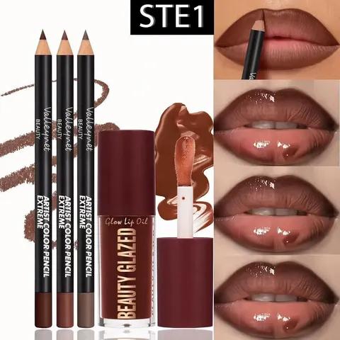 Conjunto de 4 peças para lábios - 3 delineadores labiais + 1 gloss labial, efeito matte à prova d'água e de longa duração, versátil para ocasiões casuais e formais.