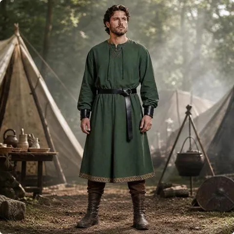 Conjunto de fantasia medieval viking para homens, com túnica longa verde, faixa para a cintura e protetores de pulso, ideal para cosplay.