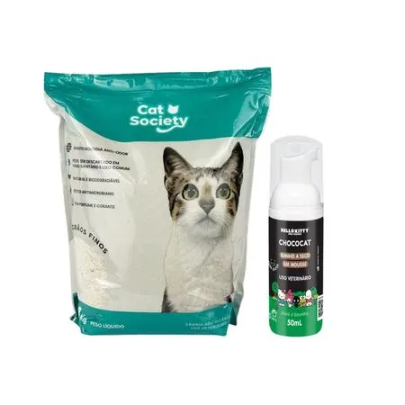 Kit Areia Higiênica para Gatos Cat Society Grãos Finos + Banho a Seco Hello Kitty Choco Mousse