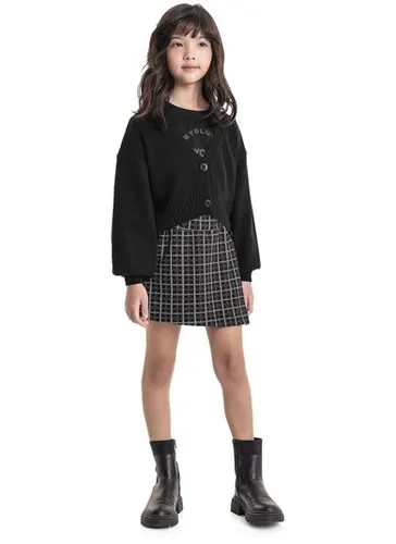 Cardigan Cropped em Tricô Juvenil (Preto) Gloss