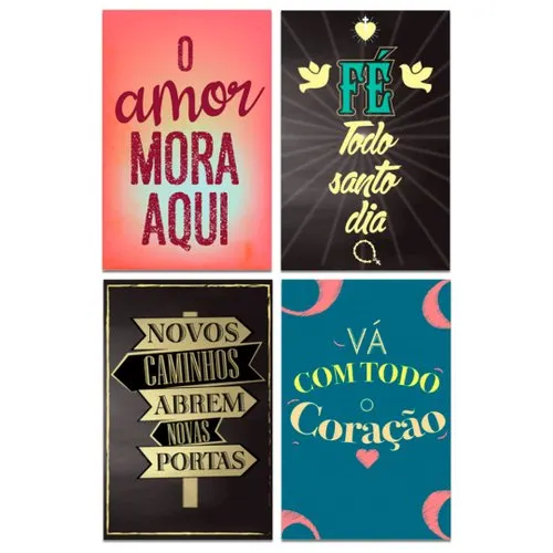 Kit 4 Placas Decorativas com Frases Fé Amor Mdf 20x30 cm