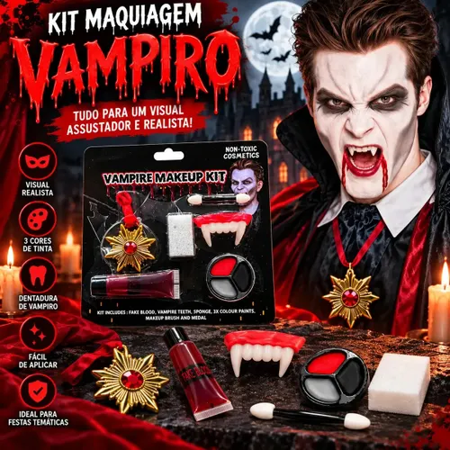 Kit Fantasia de Halloween com Dentaduras de Vampiro e Drácula Dentes com Presas para Cosplay Maquiagem 3 Cores Sangue Falso Medalha Esponja Aplicador Festa a Fantasia Dia das Bruxas Terror