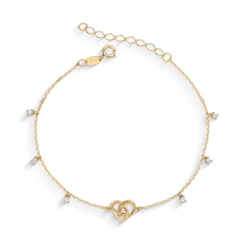 Pulseira 19 cm com 5 Corações e 7 Topázios Brancos em Ouro 18K