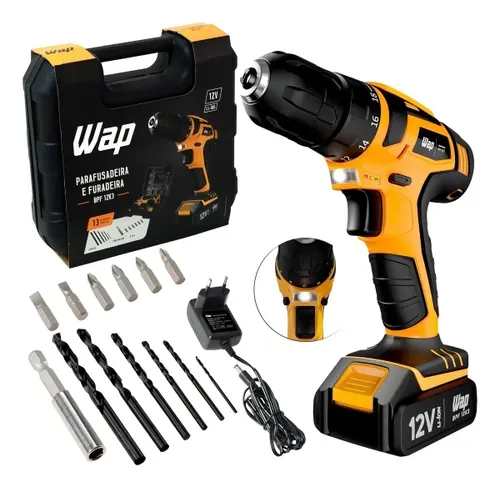 Parafusadeira Furadeira sem Fio 12V WAP BPF 12K3 Kit Maleta