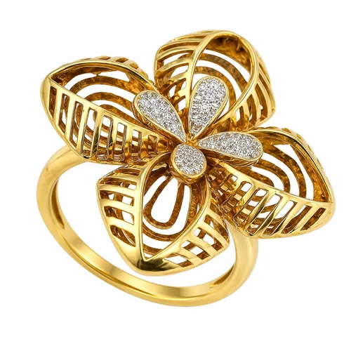 Anel Flor Trabalhada Vazada com Diamantes 2 cm em Ouro 18K