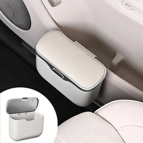 Lixeira Multifuncional para Carro com Tampa e Botão, Cesto de Armazenamento Suspenso para Uso Úmido e Seco, Acessórios para Interior de Carro, Caixa Organizadora