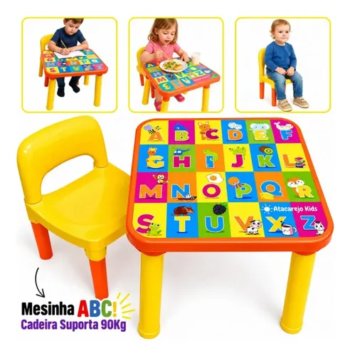 Mesinha Infantil Educativa com Cadeira Alfabeto Letras Didática Pintura Desenho Refeição Atacarejo Kids