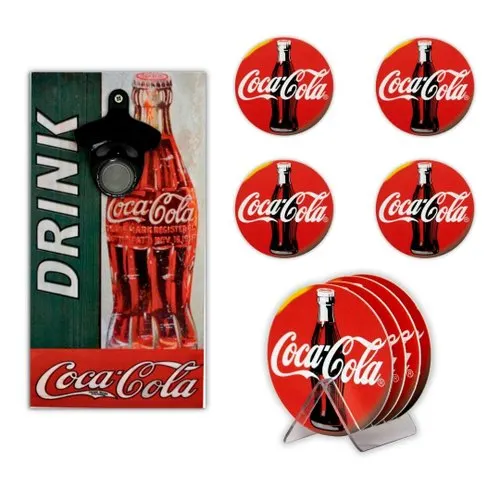 Kit 4 Porta Copos Coca Cola C/ Suporte + Abridor de Garrafas