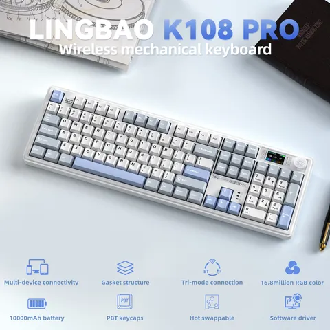 Lingbao k108pro teclado mecânico tri-modo letras coreanas macaron cor pbt keycap 10000mah bateria grande para computadores para pc