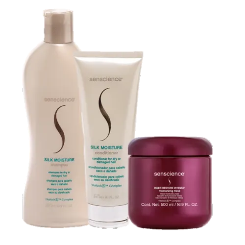 Kit Senscience Silk Moisture Shampoo 280ml Condicionador 240ml e Máscara Inner Restore 500ml
