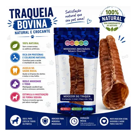 Petisco Mordedor Natural para Cachorro Traqueia Bovina Desidratada Crocante