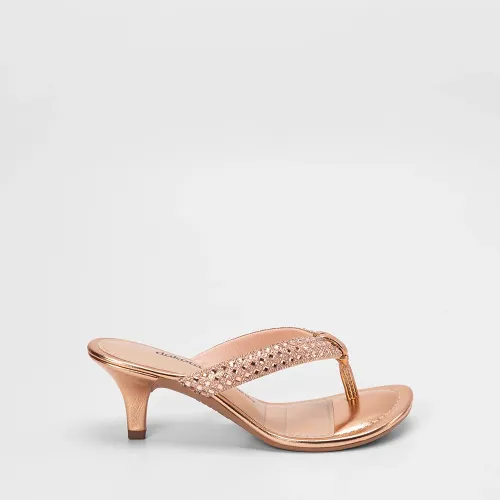 Tamanco Feminino Dakota Salto Médio Tiras Strass Metalizado Rose Gold