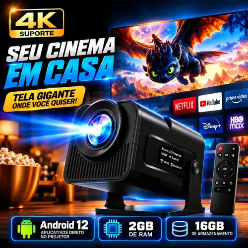 Projetor HY320 390 ANSI Full HD WiFi 6 4K Android Bluetooth 150 Polegadas HDMI USB Controle Remoto Bivolt Portátil Smart TV Cinema em Casa Filmes Séries Jogos Som Integrado Streaming Multimídia