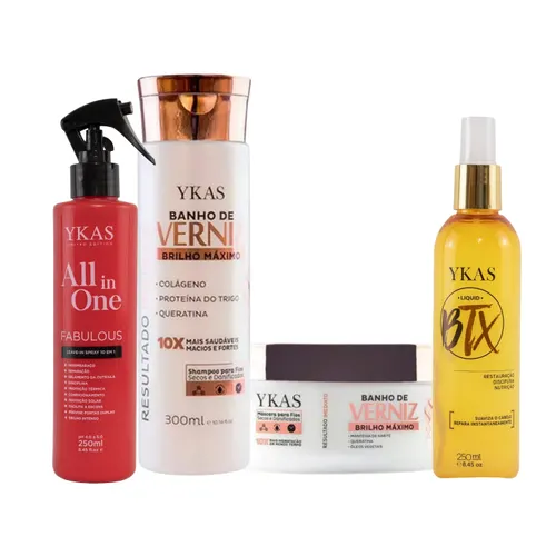 Kit Ykas Verniz Shampoo 300 ml + Máscara 250 g + Bbtox Líquido 250 ml + All in One 250 ml
