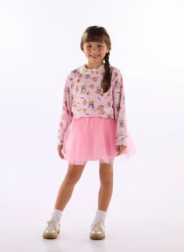 Conjunto infantil feminino com blusa estampada e saia de tule Multicolor