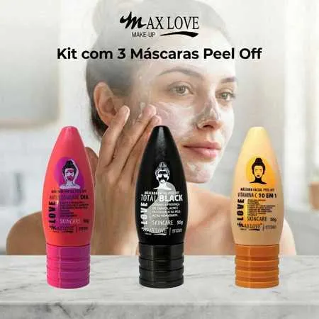 Kit com 3 Máscaras Peel Off - AntiOleosidade Dia, Total Black, Vitamina C 10em1 Max Love