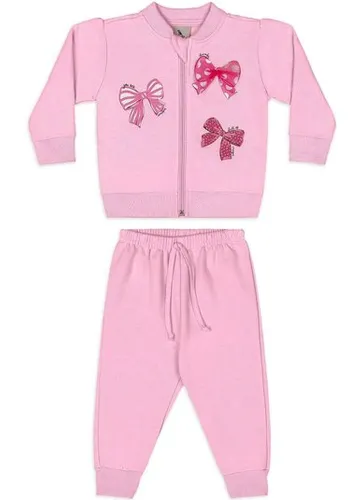 Conjunto Bebê Menina com Jaqueta e Calça em Moletom Rosa
