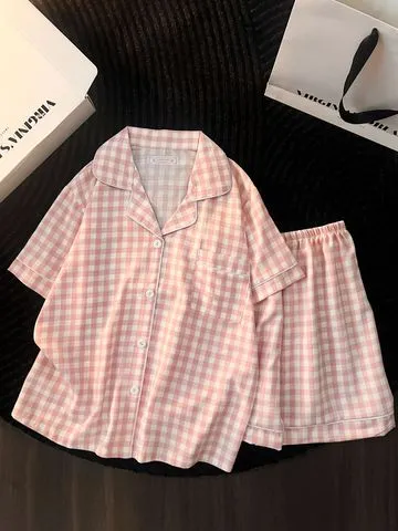 Pijama Minimalista Japonês para Mulheres em Algodão Bolha, Conjunto de Shorts e Camiseta de Manga Curta, Estampa Xadrez Rosa, Roupas de Casa