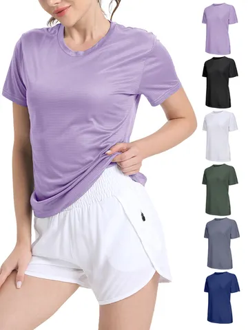 Camiseta esportiva feminina ultraleve de cor sólida de secagem rápida, leve e respirável, camisa de compressão para academia de corrida