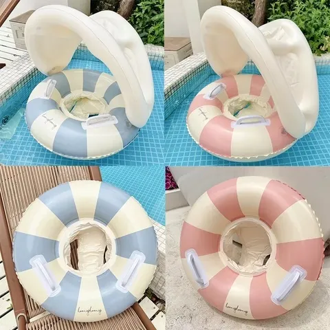 Boia Inflável para Bebês com Assento e Toldo Protetor Solar, Alças e Desenhos Animados, para Meninos e Meninas, Suporta até 18 kg