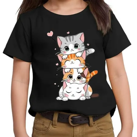 Camiseta Infantil Pilha de Gatinhos Camisa 100% Algodão Cat Fofo Blusa Estampada Gato Kawaii Pet Love