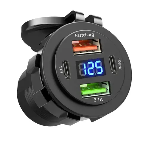 Soquete de carregador de carro duplo tipo-c e usb duplo 4 portas tomada de carregamento rápido à prova d'água com voltímetro 12v/24v para carro barco motocicleta