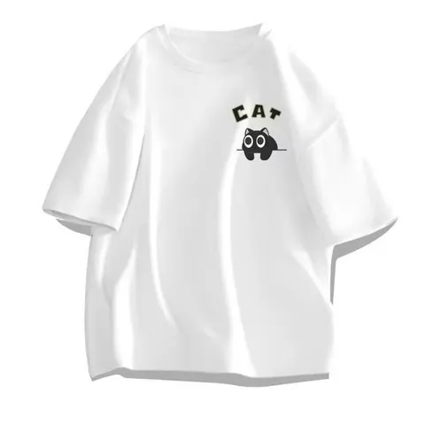 【 M-8XL 】 Camiseta masculina oversized de edição limitada de verão, estilo casual coreano, camiseta com estampa de gato preto de anime