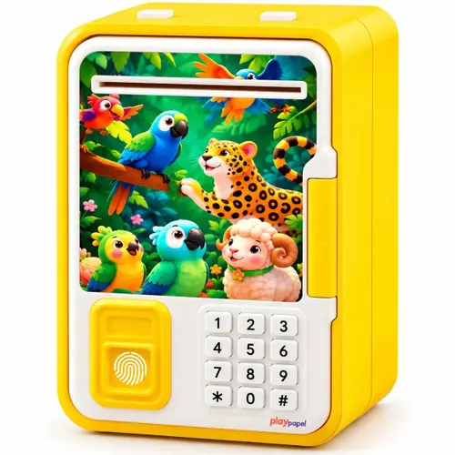 Cofre Eletrônico Infantil ANIMAIS amarelo Senha Digital Puxa Notas Automático Moedas Mini Cofrinho Cofres para Guardar Dinheiro Notas Moedas Brinquedo Educativo Crianças Presente Infantil Playpapel