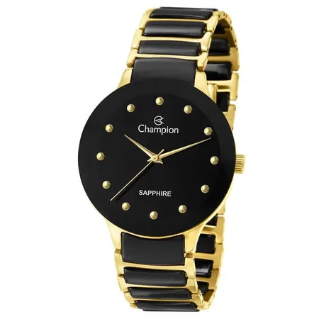 Relogio Feminino Champion Ceramica Luxo Preto com Dourado CA21875U