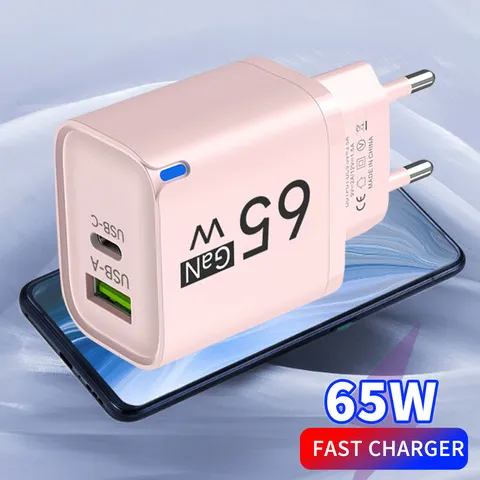 Carregador Rápido USB Tipo C GaN 65W 2 em 1, Carregador de Parede Portátil para Telefone, Carregamento Rápido, Plugue EU US UK para iPhone, Samsung, Xiaomi, Huawei