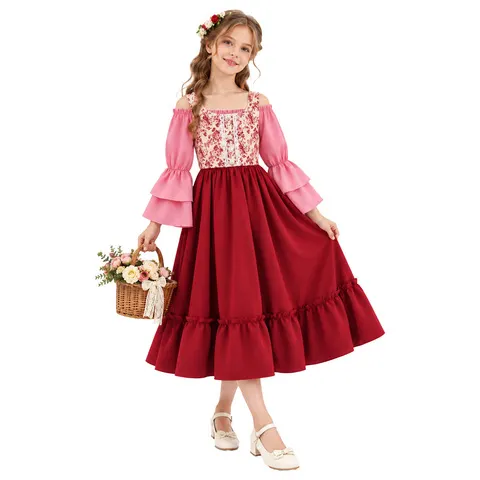 Fantasia medieval renascentista para meninas, vestido com mangas franzidas e colete, estilo irlandês, vitoriano, vintage, para Halloween, cosplay, fantasia retrô.