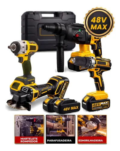 Kit Multi ferramentas 4 em 1 48V sem Fio com 2 Baterias com Maleta Alta Potência Uso Profissional Doméstico Hardline