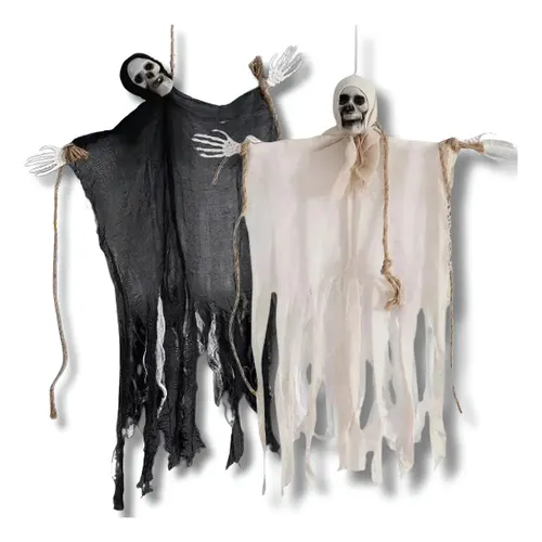 Kit 2 Enfeites Caveiras Halloween Pendentes Fantasma Decorar Cor Preto/branco Caveirão