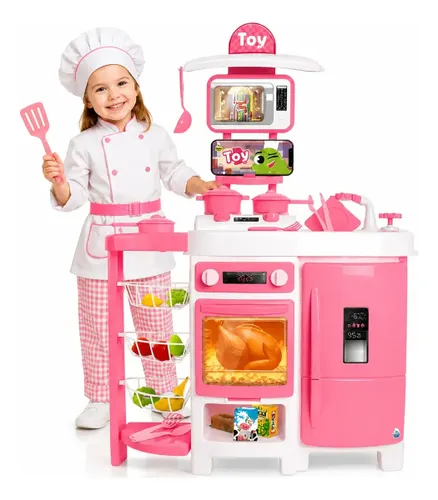 Cozinha Infantil Grande Completa Sai Agua de Verdade 92cm com Fruteira Geladeira e Acessorios