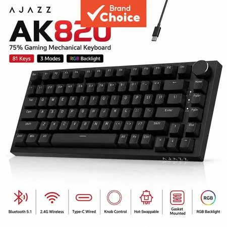 Teclado de Jogos Mecânico Ajazz AK820/AK820 Pro Tri-Modo Bluetooth 5.1 sem Fio com Fio, Troca a Quente, Amortecedor,