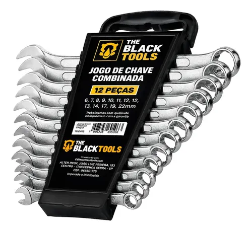 Jogo de Chave Boca e Estrela Combinada 12 Pçs Aço 6-22 Mm Cromada Profissional Tkch12 The Black Tools