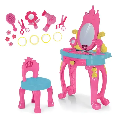 Penteadeira Infantil Princesas com acessórios Brinquedo Rosa