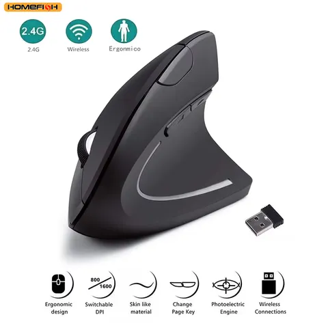Mouse Vertical HOMEFISH Ergonômico sem Fio 2.4GHz Óptico com 3 DPI Ajustáveis 800/1200/1600 e 6 Botões para Laptop PC Computador