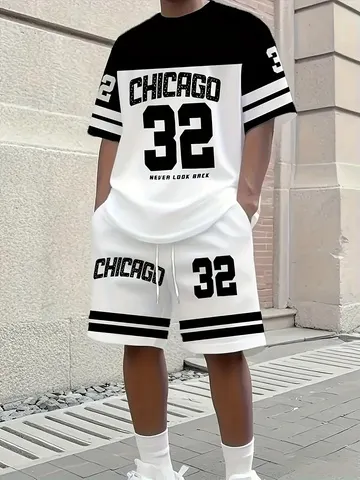Conjunto relaxado com tema chicago masculino de verão, tamanho 32, camiseta e shorts estampados, esportes adultos, casual, plus size, conjunto de duas peças