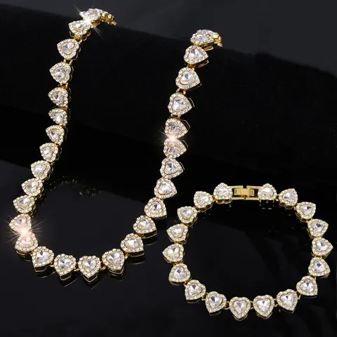 Yupsk 45cm/20cm coração brilhante strass hip hop rock tênis corrente pulseira colar para mulheres homens na moda conjunto de jóias presente
