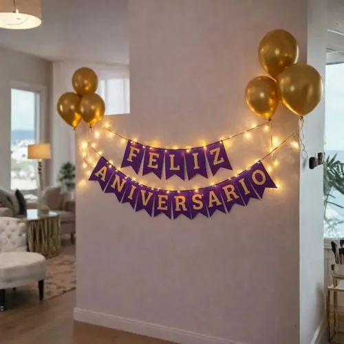 Faixa Feliz Aniversário Bandeirinha com Led 2 Metros Decoração de Festa Roxo Pisca Letras Douradas Bvb