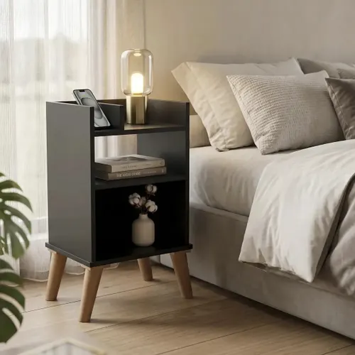 Mesa de Cabeceira para Quarto com Nicho e Prateleira Preta